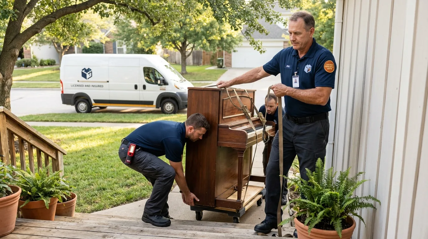 Licensed piano movers securing grand piano in DeLand, FL