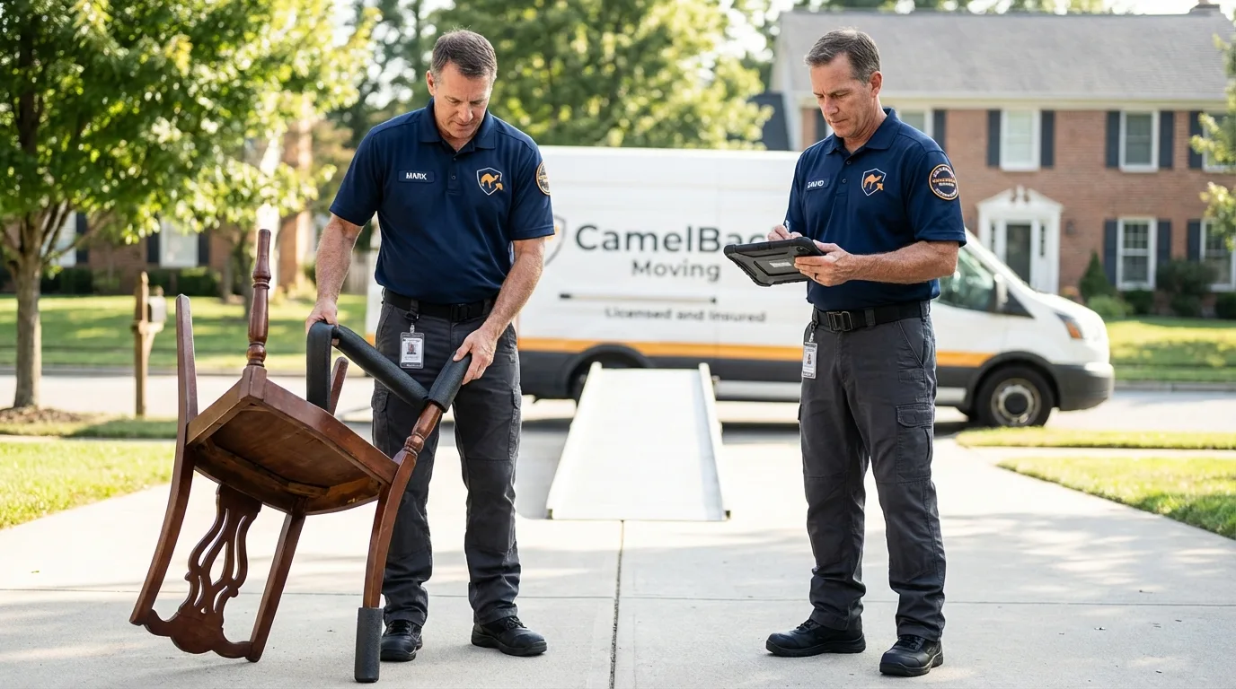 Movers inspecting furniture for damage prevention before loading in DeLand, FL