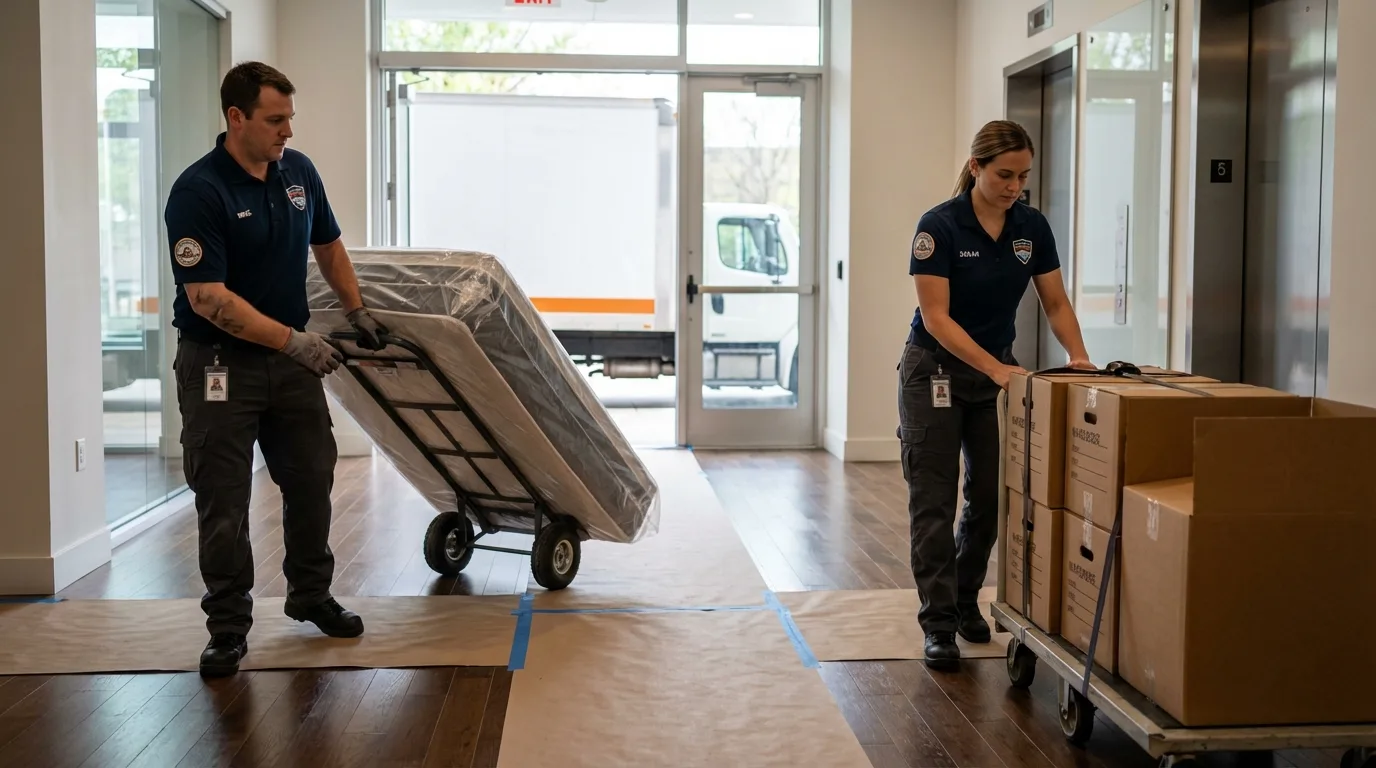 Professional apartment movers loading elevator in DeLand, FL