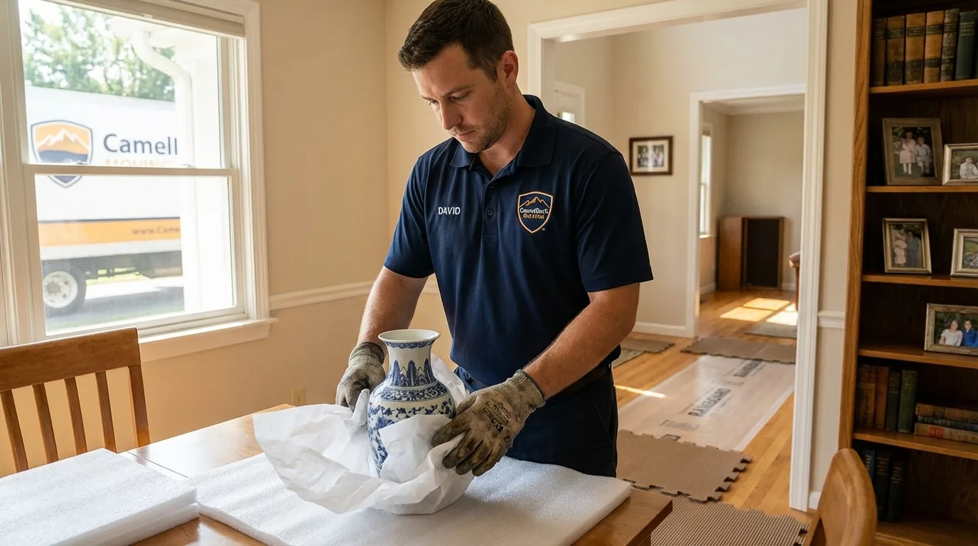 Professional crew carefully wrapping antique vase for senior downsizing move in DeLand, FL
